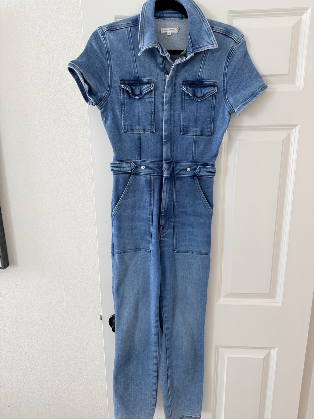 Good American Medium Blue Denim Short-Sleeve Utility Jumpsuit